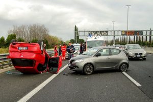 A car accident between red and grey vehicles in Portland.